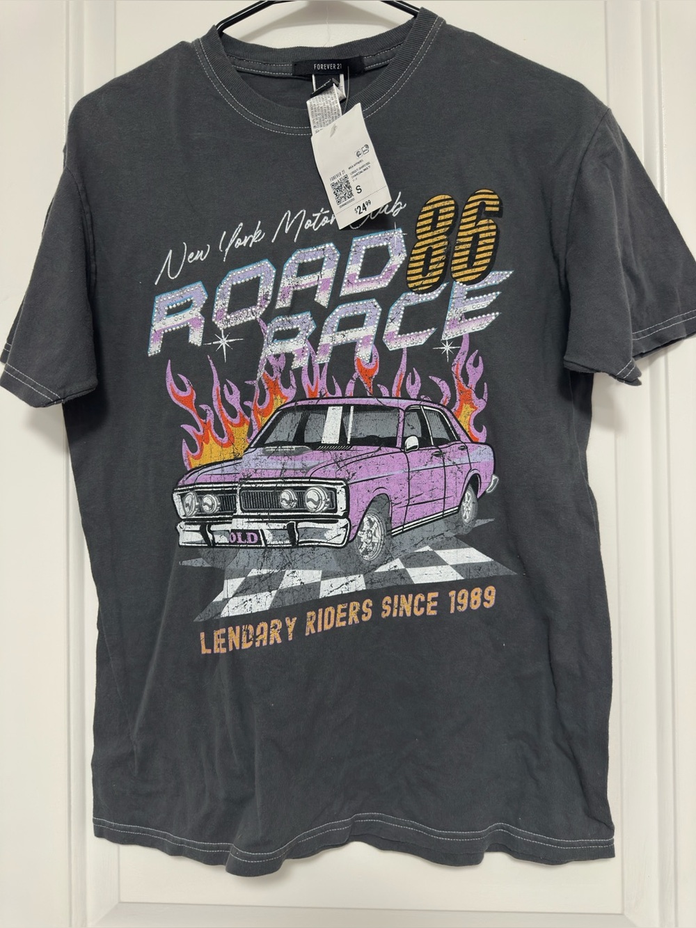 Forever 21  Graphic Tee with Pink Vintage Car and Yellow Flames